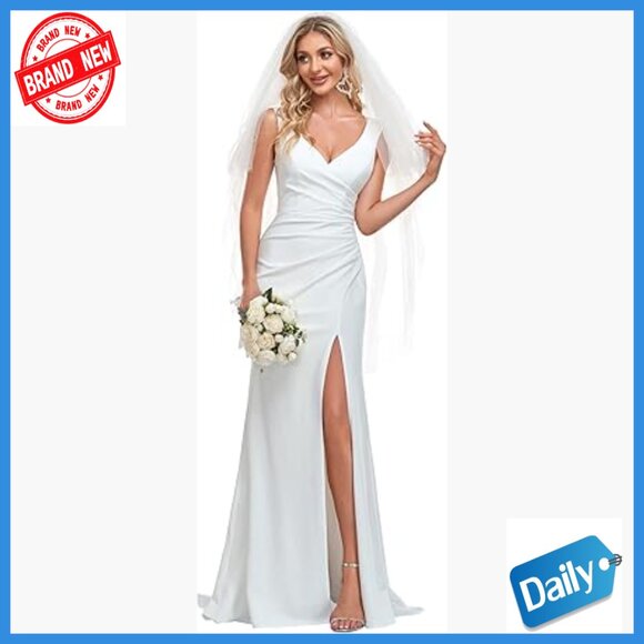 V-Neck Sleeveless Mermaid Wedding Dress with Slit Floor Length Gown